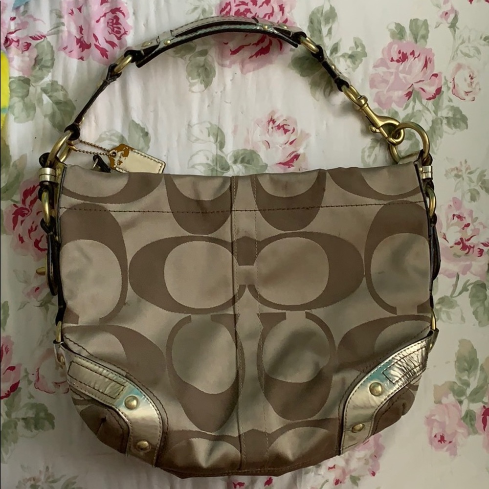Coach medium satin signature hobo bag